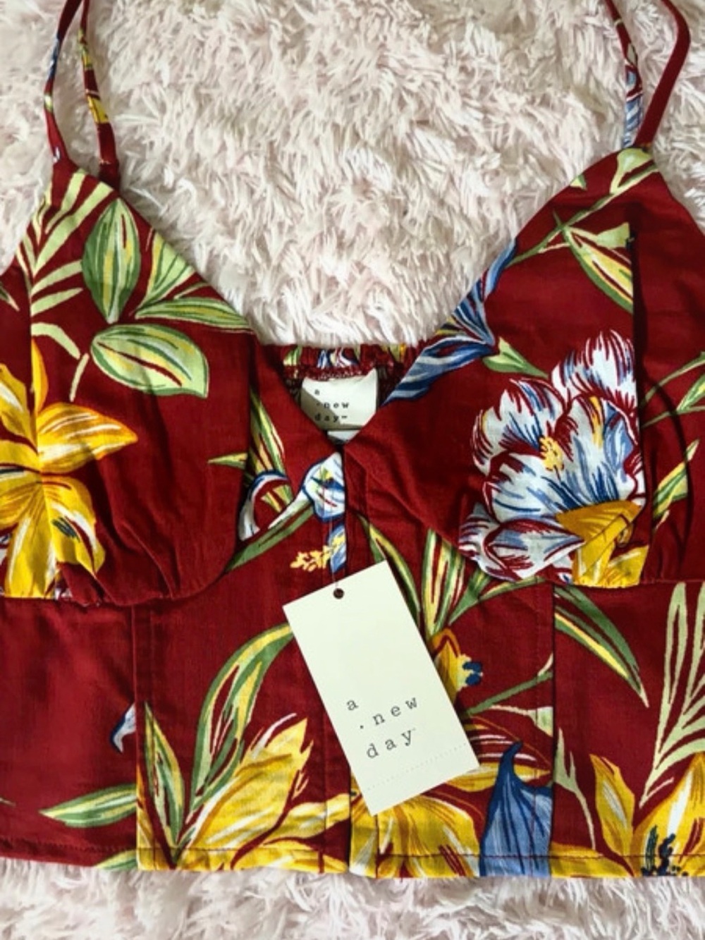 a new day Red Floral Longline Bandeau Bralette with Yellow & Blue Flowers